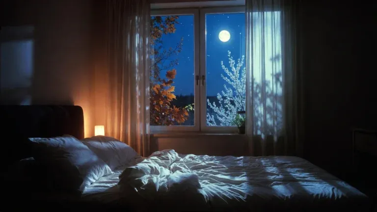 Wpływ pór roku na sen – spokojna sypialnia, nocne światło i zmieniające się warunki za oknem
