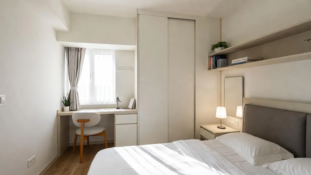 Mała sypialnia urządzona funkcjonalnie i stylowo z jasnymi kolorami i lekkimi meblami