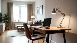 Miejsce do pracy w salonie z biurkiem, laptopem i oddzieloną strefą wypoczynku